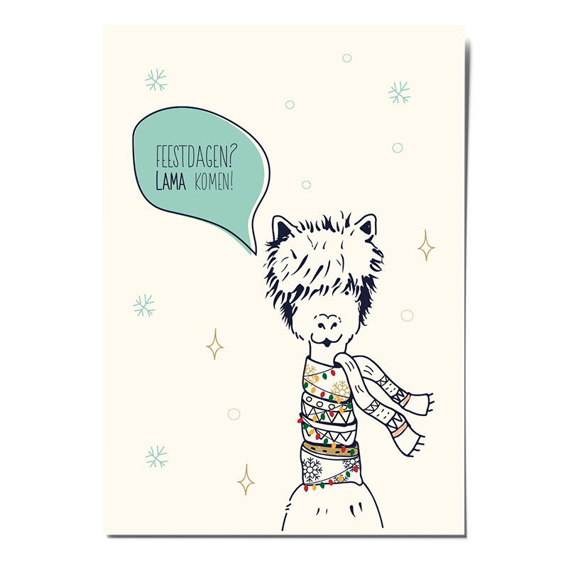Speelse kerstkaart met lama met kerstverlichting - Feesdagen? Lama komen - DE.sign