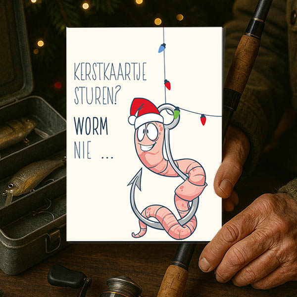 Sfeerbeeld van vissershanden die kerstkaartje vasthouden - Kerstkaartje sturen? Worm nie ... - DE.sign