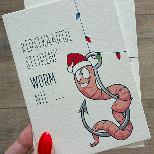 Voorkant van kaartje met de vrolijk kerstworm - Kerstkaartje sturen? Worm nie ... - DE.sign