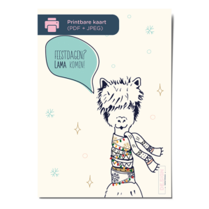 Digitale kerstkaart met illustratie van een vrolijke lama versierd met kerstlichtjes - DE.sign - Printbare download in A6-formaat.
