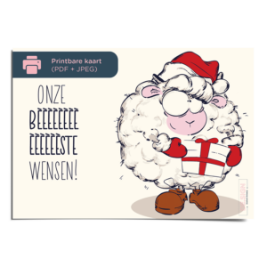 Digitale kerstkaart met illustratie van een schaap dat een kerstcadeau vasthoud - DE.sign - Printbare download in A6-formaat.